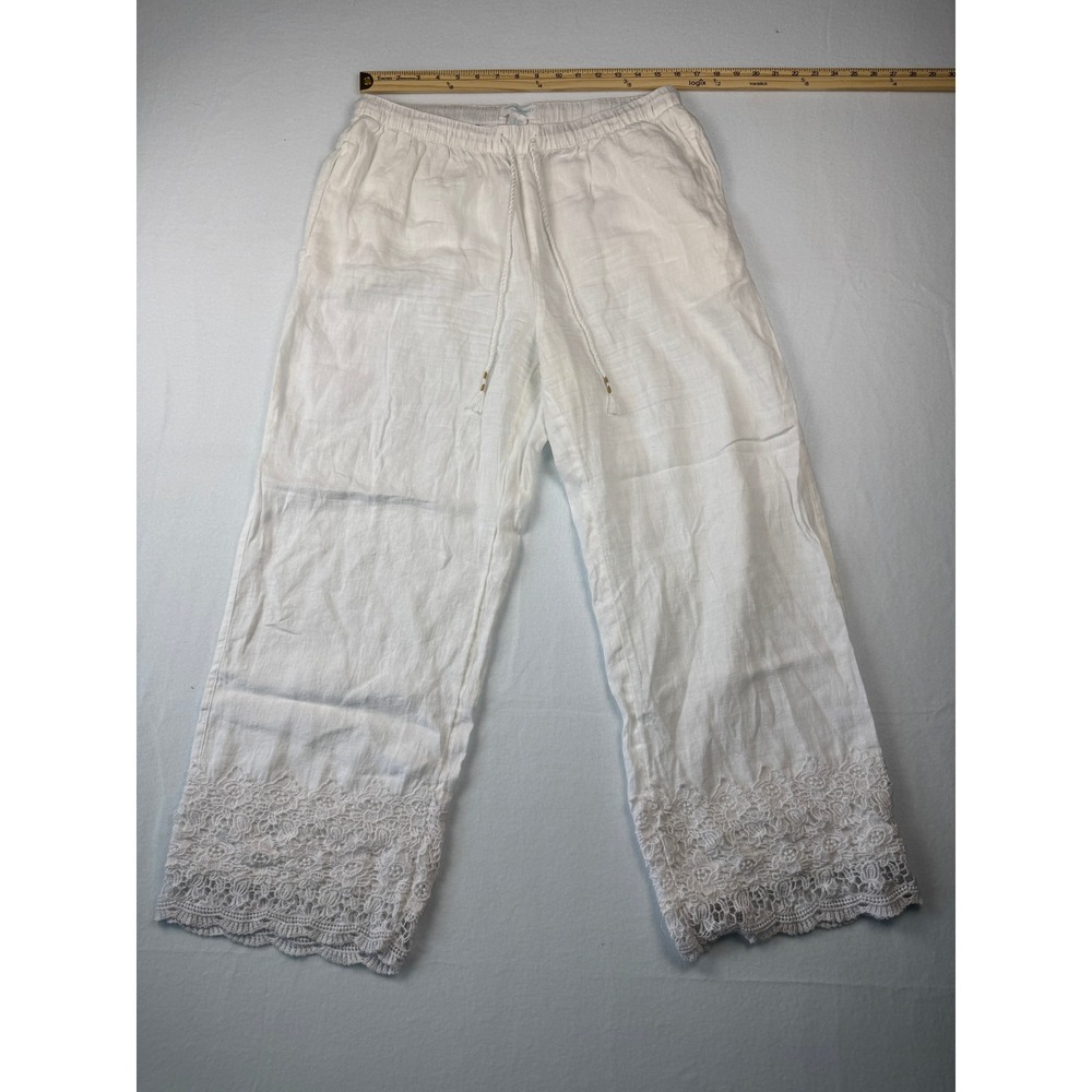 Cynthia Rowley White 100% Linen Lace Trim Wide Leg Drawstring Pants Womens XL